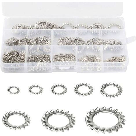 Rondelles de Verrouillage des Dents 300 pièces Rondelle Frein Inoxydable Rondelles Dentées Rondelles de Blocage Rondelles Dentées Externes Assortiment Ensemble (M2,5 M3 M4 M5 M6 M8 M10 M12) (1/5)