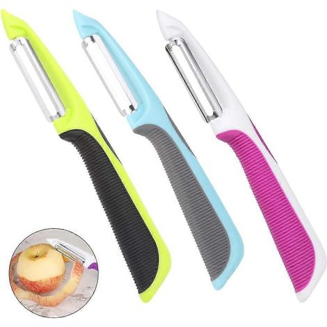 Éplucheur pivotant, lot de 3 éplucheurs à pommes de terre tranchants en acier inoxydable avec poignées antidérapantes et lames rotatives pour pommes, carottes et concombres (1/5)