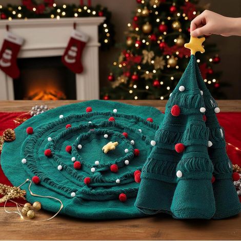Plaid tricoté en forme de sapin de Noël - Couverture créative au crochet pour les fêtes, cadeau idéal d'anniversaire ou de Noël pour femme, maman, sœur, décoration festive pour canapé et lit (1/5)