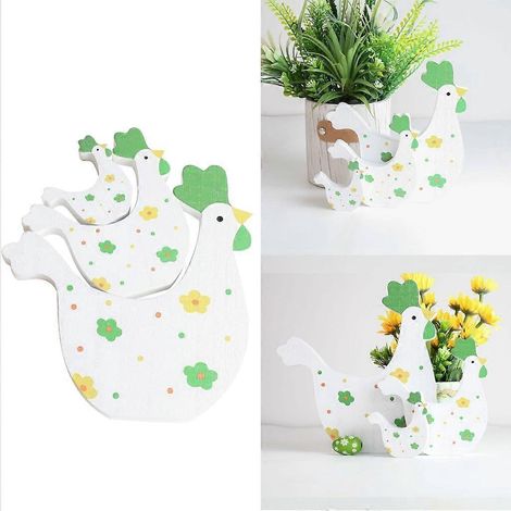 Lot de 3 décorations de Pâques en bois en forme de poule, colorées, pour la chambre ou le bureau. (1/4)