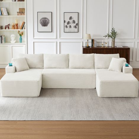 Divano modulare a U in ciniglia beige, senza montaggio, con seduta profonda e design senza struttura (1/5)