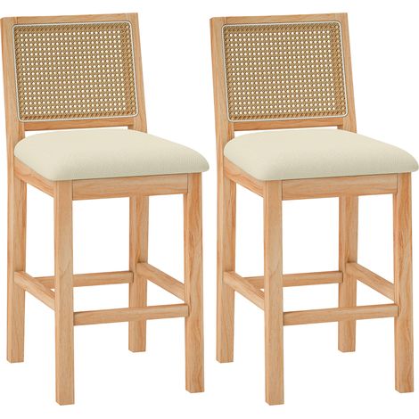 Lot de 2 tabourets de bar - HOMCOM - dossier effet rotin, assise rembourrée en chenille - bois d'hévéa - 47 x 54 x 98 cm - crème (1/5)