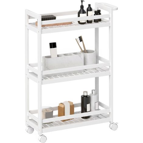 Carrito de cocina sobre ruedas 3 niveles 55x20x75 cm en bambú blanco, con ruedas con freno y asa (1/5)