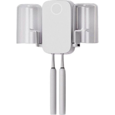Porte-brosses à dents stérilisant aux UV avec double godet - fixation murale, sans perçage, blanc. (1/5)