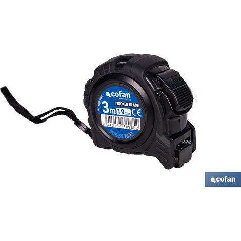 Flexómetro de hoja negra de doble cara con botón de bloqueo y funda antichoque 5m x 19mm fabricado en ABS y metal (1/4)