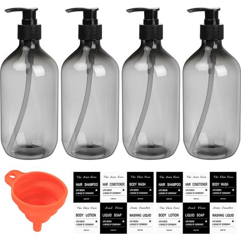 Lot de 4 Bouteilles à Remplir 500 ML - Distributeurs de Gel Douche, Distributeur de Shampoing, Savon Liquide pour Douche et Cuisine, Bouteille à Pompe Réutilisable avec Étiquettes adhésives'Noir Trans