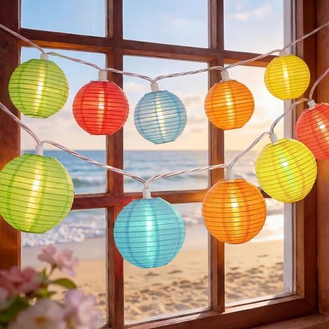 Guirlande lumineuse lanterne à brancher, 2,6 m avec 10 ampoules LED multicolores, étanche, idéale pour l'été, le camping, les tentes, les fêtes, le jardin, etc. Couleur : noir. (1/5)