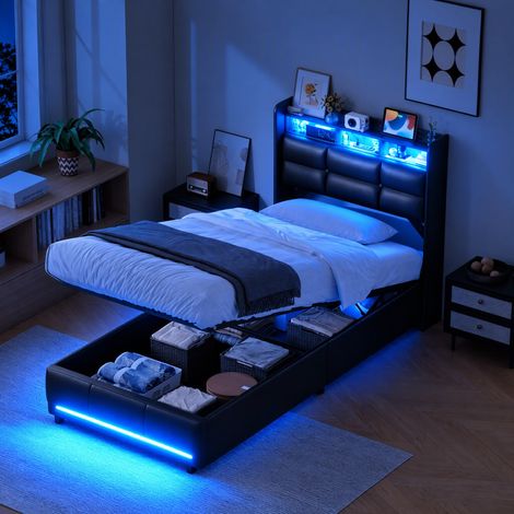 JOOKGBD-Polsterbett Einzelbett 90x200cm,Bett mit LED und USB,Boxspringbett Jugendbett mit Stauraum Kopfteil,Hydraulisch Stauraumbett Rückenlehne Bettgestell mit Lattenrost,PU,Ohne Matratze,Schwarz (1/5)