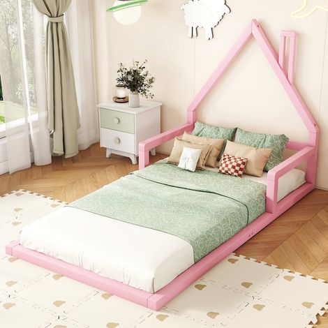Lit simple enfant 90x200 cm, forme cheminée maison unique, pin massif + MDF, sommier à lattes, forme simple, adapté aux enfants et adolescents - Rose (1/5)
