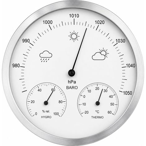 Station météo analogique 3 en 1 - 13,2 cm - En alliage d'aluminium - Baromètre mural pour l'intérieur et l'extérieur - Pour jardin, terrasse, salon (1/5)