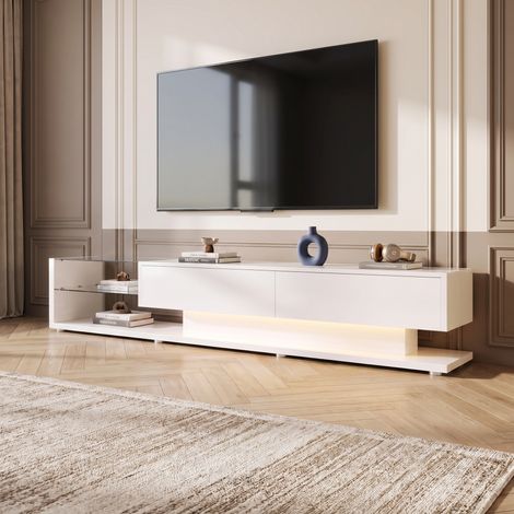 Meuble TV 170cm avec 2 Tiroirs et LED Panneau de Particules Moderne Blanc Brillant (1/5)
