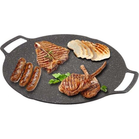 Korean-style teppanyaki griddle, smooth and round, made of highly conductive aluminum alloy for outdoor grilling at home. Universal diameter: 36 cm. (1/5)