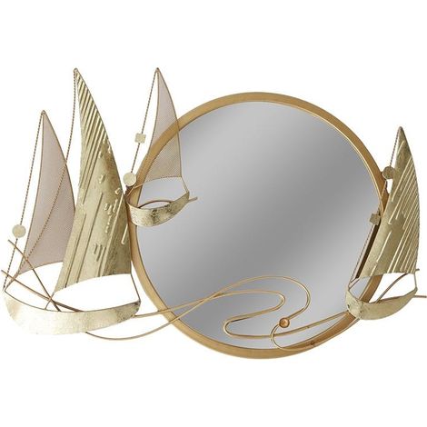 Décoration murale en métal avec miroir rond et bateaux dorés (1/2)