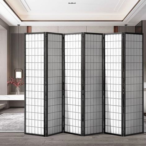 Black 6 Panel Solid Wood Folding Room Divider Privacy Screen (1/5)