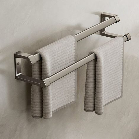Porte-serviettes mural gris, 50 cm, modèle à double barre, installation sans perçage, en alliage d'aluminium. (1/5)