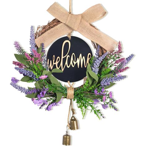 Spring Door Wreath 40 cm Lavender Front Door Wreath With "welcome" Newspaper Sign, Bows and Bells, Summer Door Decorations, For Doors Windows Fences (1/5)