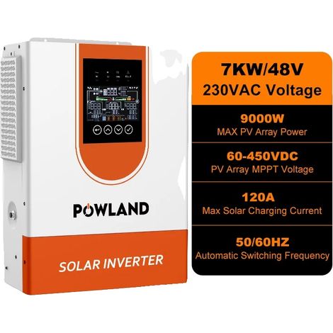 Inversor híbrido fotovoltaico, 7000 W, 48 V, corriente de carga de 120 A, dimensiones 44,5 x 38,5 x 16,5 cm, salida monofásica. (1/5)