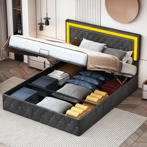 Bett 160x200 cm mit Lattenrost und Stauraum, Erwachsenenbett mit LED-Beleuchtung, verstellbarem Kopfteil, schwarzem Samt