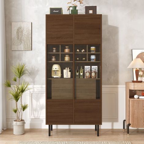Vitrine multibranches aspect noyer : façade en verre + étagère à plusieurs niveaux + tiroir dissimulé Solution de rangement polyvalente pour salle de bain/salon/bureau (1/4)