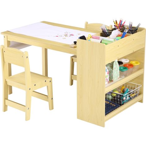Ensemble table d’activités enfant en bois + 2 chaises - Table d’art/dessin/écriture - Rangement à 2 niveaux avec bacs & étagères, dérouleur de papier, bords arrondis - Rose (1/5)