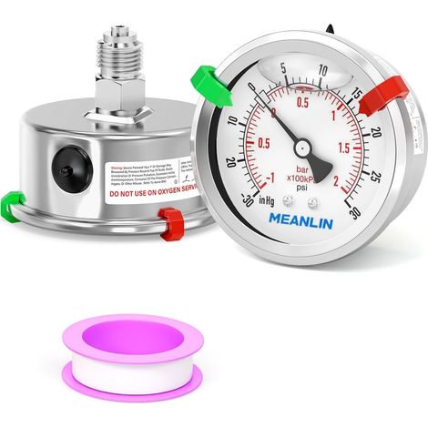 -12Bar/-30inHg30Psi Glycerine Filled Vacuum Pressure Gauge with 316 Stainless Steel Fitting 1/4" BSP, 2.5" DIAL FACE,Rear Mount