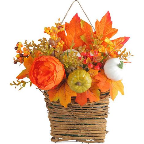 Fleurs d'automne suspendues, couronne artificielle avec composition florale simulée dans un panier en rotin, feuilles d'érable dorées et accents de jute, réutilisable-AquaForge (1/5)