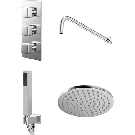 Cubix Polished Chrome Triple Thermostatic Valve Mixer Shower with Round Fixed Head and Square Handset Outlet Holder - 2 Outlet (1/5)