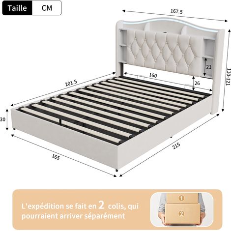 Lit Coffre 160x200 cm, Lit Double 160x200 cm en Velours, avec Sommier à Lattes, Tête de Lit LED Lumineuse, Rangement Ouvert, Ports USB et Type-C - Beige