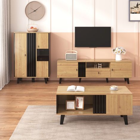 VVBV Ensemble meubles de salon, 3 pièces, meuble TV, table basse, rangements assortis, Noir (1/5)