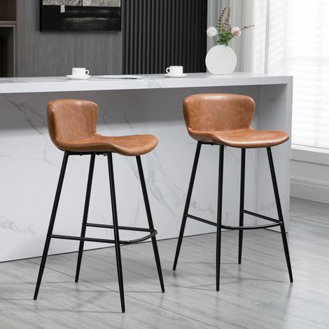 Lot de 2 tabourets de bar assise en similicuir hauteur 76 cm avec repose-pieds en acier et dossier design vintage marron (1/5)
