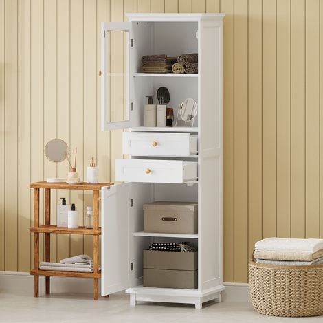 Mueble de baño moderno blanco de MDF 45 x 36 x 160 cm con 2 armarios, 2 cajones, estante regulable y puerta de cristal (1/5)