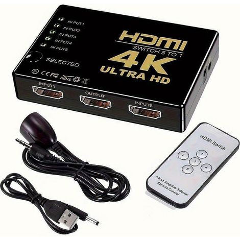 Câble répartiteur HDMI 4K, adaptateur de commutation vidéo 5 entrées, 1 sortie, compatible avec PS4, HDTV et PC, prend en charge les résolutions 1080p et Ultra HD 4K. (1/5)
