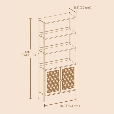 6-Tier Bookcase with Rattan-Like Door, Freestanding Storage Shelf with Adjustable Shelves for Living Room Office