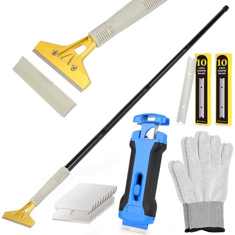 Kit Grattoir Vitre - Grattoir 4INCH avec Long Manche(15-58INCH) et Grattoir Plaque Vitrocéramique, avec 30 Lames, pour Carrelage, Papier Peint, Colle, Miroir, La Table de Cuisson (1/5)