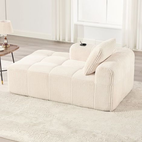 Fauteuil inclinable 1 place velours côtelé beige avec porte-gobelet et poche latérale – 158x93x61 cm