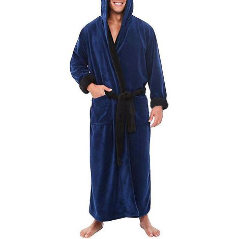 Peignoir long homme, robe de chambre, pyjama à capuche en polaire douce - Taille 2XL - Bleu foncé/Noir (1/3)