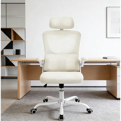 Chaise de bureau ergonomique à dossier haut en mesh avec appui-tête, accoudoirs relevables, fonction bascule et hauteur réglable, beige pour télétravail et réunion – CHICFURN (1/5)
