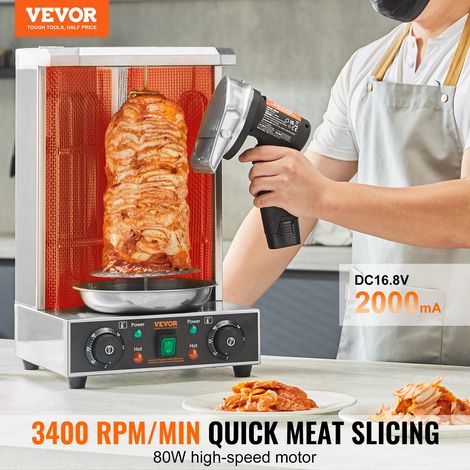 Couteau à Kebab Électrique sans Fil 80 W, Trancheuse à Viande Turc Shawarma Döner Kebab Commerciale en Inox, avec Batterie 2 Lames D100 mm, Épaisseur Réglable 0-8 mm, pour Restaurant, Snack-bar (1/5)