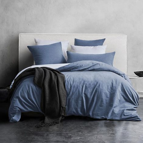 Housse de Couette 200x200 Coton - Denim Bleu Housse de Couette avec Fermeture Éclair, 100% Coton Lavé, Texture Lin, Parure de Lit avec 2 Taies d'oreiller 65x65 cm (1/5)
