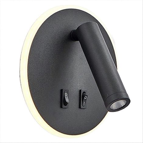 Applique murale ronde noire avec protection oculaire, orientable et à spectre complet, idéale pour la lecture. Elle est dotée d'un projecteur LED à LED et se fixe au chevet. (1/5)