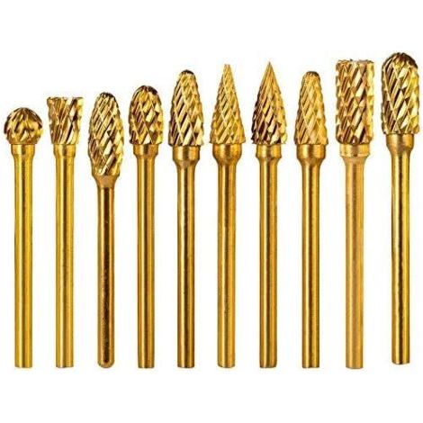 Satz mit 10 doppelschneidigen Titan-Hartmetall-Rotationsfräsern – 3 mm Schaft – 6 mm Kopf – Vollhartmetall – Für Druckluftschleifer, Metallbearbeitung und Polieren (1/4)