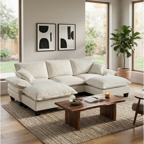 U-Form Sofa mit Ottomanen 263x151 cm Chenille Beige OKMYHOME (1/5)