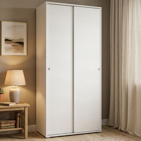Dmora - Kleiderschrank Dbuti, Kleiderschrank mit 2 Schiebetüren und 4 Einlegeböden, Moderne Mehrzweck - Schlafzimmermöbel, 100% Made in Italy, 90x45h195 cm, Weiß (1/5)