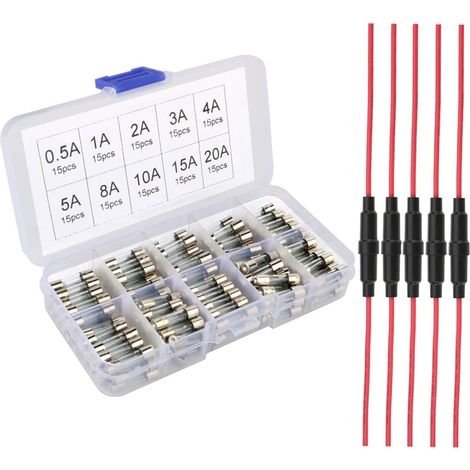 5pcs 5 x 20 mm Portes-fusible en Ligne Type à vis Inline avec Fil 16 AWG + 150pcs 5 x 20 mm fusibles en Verre Coup Rapides pour Voiture (0.5A/1A/2A/3A/4A/5A/8A/10A/15A/20A) (1/5)