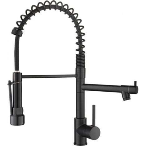 Robinet d'évier de cuisine avec douchette extractible, robinet de cuisine contemporain en acier inoxydable à poignée unique et ressort, deux sorties avec plaque de montage noire (1/4)