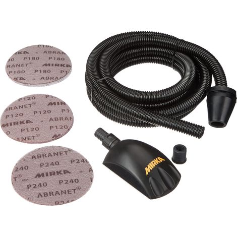 Mirka Roundy Kit Blocco manuale con aspirazione / blocco di levigatura con velcro tubo di aspirazione e 15 pezzi di dischi abrasivi Mirka Abranet net Velcro Ø 150 mm grana P120 P180 P240 / KIT00ROUND (1/5)