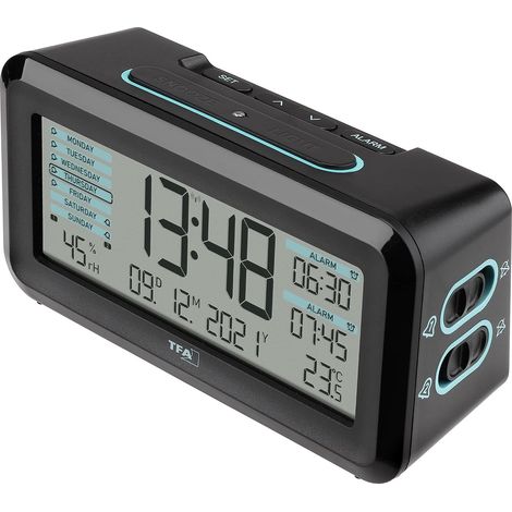 Réveil Radio-pilotée Boxx2 numérique, 60.2562.01.GB, avec Batterie, 2 Heures d'alarme, écran Anglais, avec Thermo-hygromètre, Noir-Turquoise (1/5)