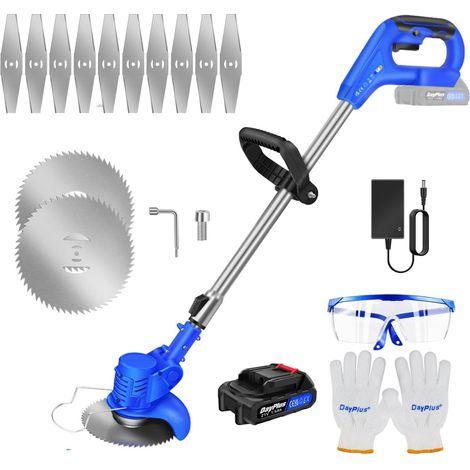 21V Coupe Bordure sans Fil avec Batterie, Coupe-Herbe électrique,Débroussailleuse à Gazon sans balais,Tête Orientable à 90°, Hauteur Réglable(1xbatterie /Bleu)