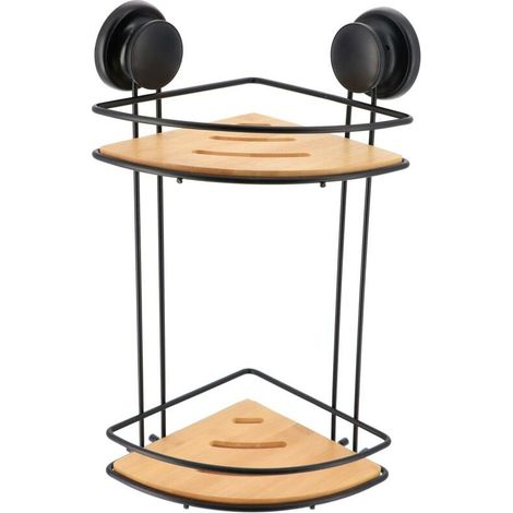 Étagère d'angle 2 niveaux en métal Noir et Bambou fixation 2 ventouses - (1/5)