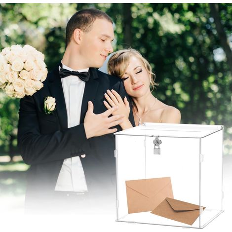 ® Boîte à Cartes en Acrylique Transparent pour Mariage, Baptême, Anniversaires - 25,5 x 21 x 25 cm - Urne avec Serrure et Fente (1/5)